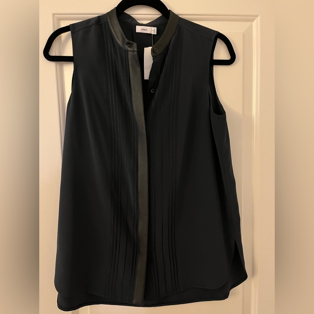 Vince Blue and black leather trim Silk Blouse
